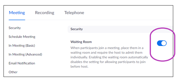 screenshot of zoom Meeting setting tab showing the toggle button to the right of the Waiting Room description