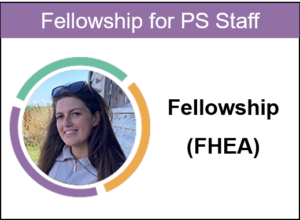 A rectangular button with text 'Fellowship for PS Staff: Fellowship (FHEA)' and an image of Anest Valentine