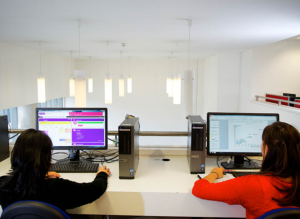 Two students looking at their individual computer screens