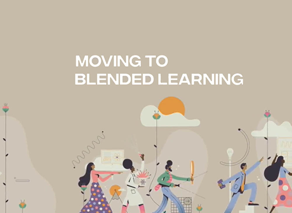 Image of animated people walking with Moving to Blended Working written above them