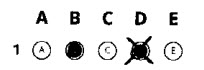 A multiple choice answer. Answer options A to E are shown. Answer B has been completed. Answer D has been completed and crossed out.