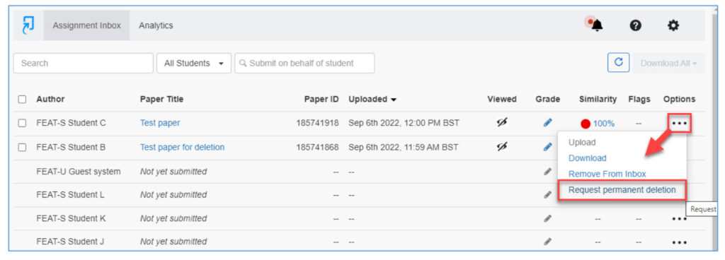 Screenshot of Turnitin submission inbox, highlighting the menu called Options...