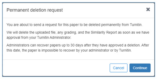 Screenshot showing the message received warning users they are about to request permanent deletion of a paper.