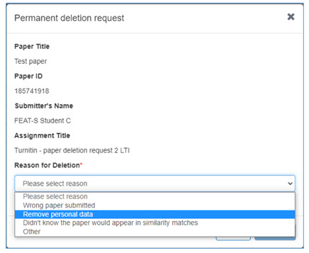 Screenshot showing the menu, where users select a reason for deletion of the paper.