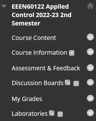 Image showing a Blackboard menu.  The menu options shown include Course content and assessment and feedback.
