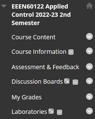Image shows a Blackboard menu list, which includes the menu options course content and assessment and feedback.
