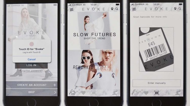 Three mobile phone screens, each displaying fashion content.
