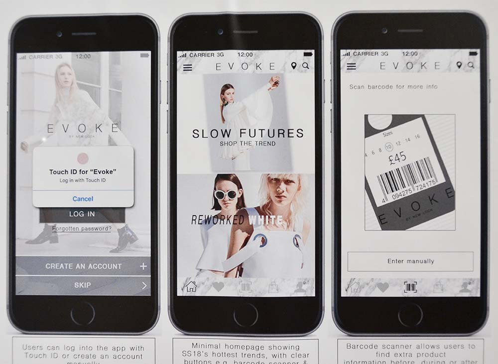 Three mobile phone screens, each displaying fashion content.