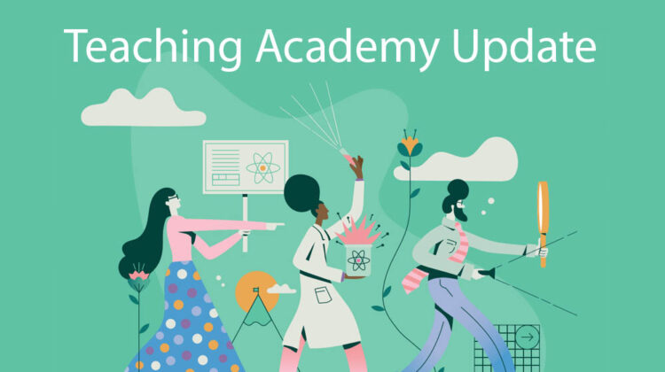 Teaching Academy update, cartoon drawing of three people walking holding scientific paraphenalia