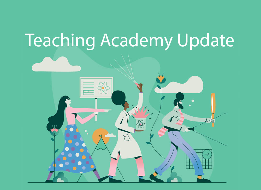 Teaching Academy update, cartoon drawing of three people walking holding scientific paraphenalia