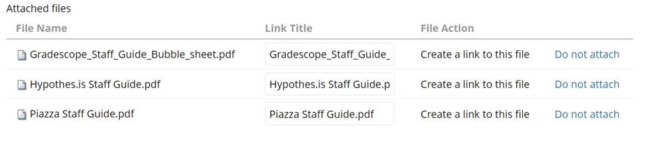 Image showing the attached files section and link title fields.