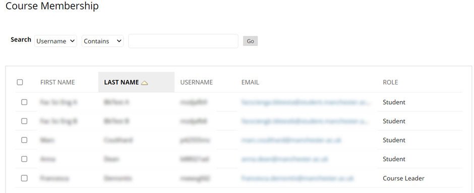 Image shows the course membership area with a list of user names, email addresses and roles. Personal information has been blurred out.
