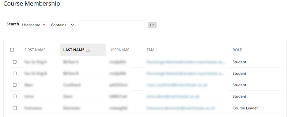 Image shows the course membership area with a list of user names, email addresses and roles.  Personal information has been blurred out.