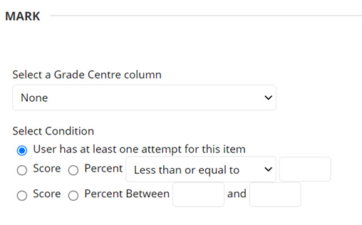 Image shows the menu options in the Mark section. Examples include a drop down menu which can be used to select a Gradecentre column.