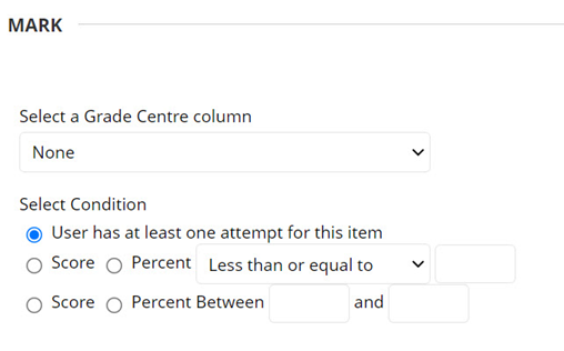 Image shows the menu options in the Mark section.  Examples include a drop down menu which can be used to select a Gradecentre column.