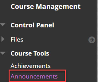Image shows a Blackboard menu list. Under the course management section, the menu item Announcements is highlighted.