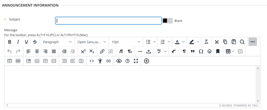 Images shows the announcements window, including the subject and message fields.