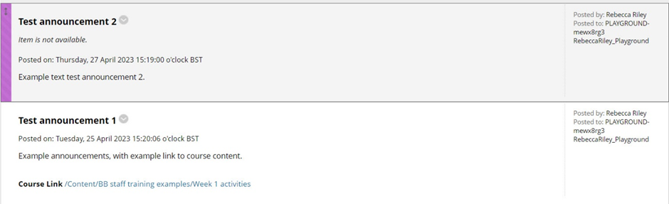 Images showing example announcements.
