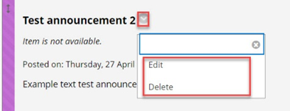 Image showing the grey chevron button next to an announcement title and the sub menu options which appear (edit and delete)