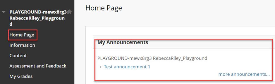 Image shows a student view of Blackboard. The Home page menu item and my announcements sections are highlighted.