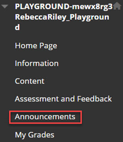 Image shows a series of Blackboard menu items.   The menu item announcements is highlighted.
