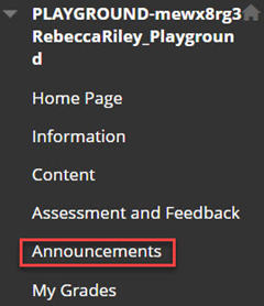 Image shows a series of Blackboard menu items. The menu item announcements is highlighted.