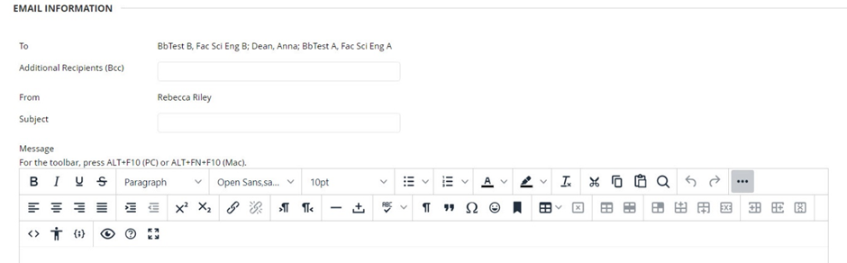 Images shows the email information screen in Blackboard, including the To, subject and message fields.