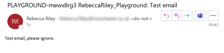 Image shows an example email within an outlook inbox.  The subject line shows the name of the blackboard space that the message has been sent from.