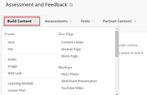 Image shows the Build Content menu in Blackboard, with relevant sub menu items.