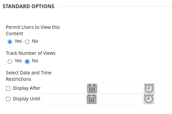 Imaging showing the standard options menu settings.
