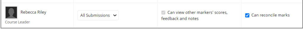 A table showing the name of a marker, the settings, all submissions and checkbox can reconcile marks.
