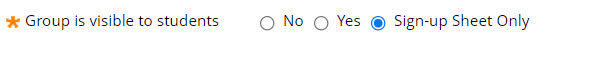 Menu option shows text Group is visible to students. The radio button sign up sheet only is selected.