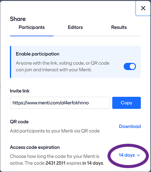 Image showing how to amend the code availability for a mentimeter presentation