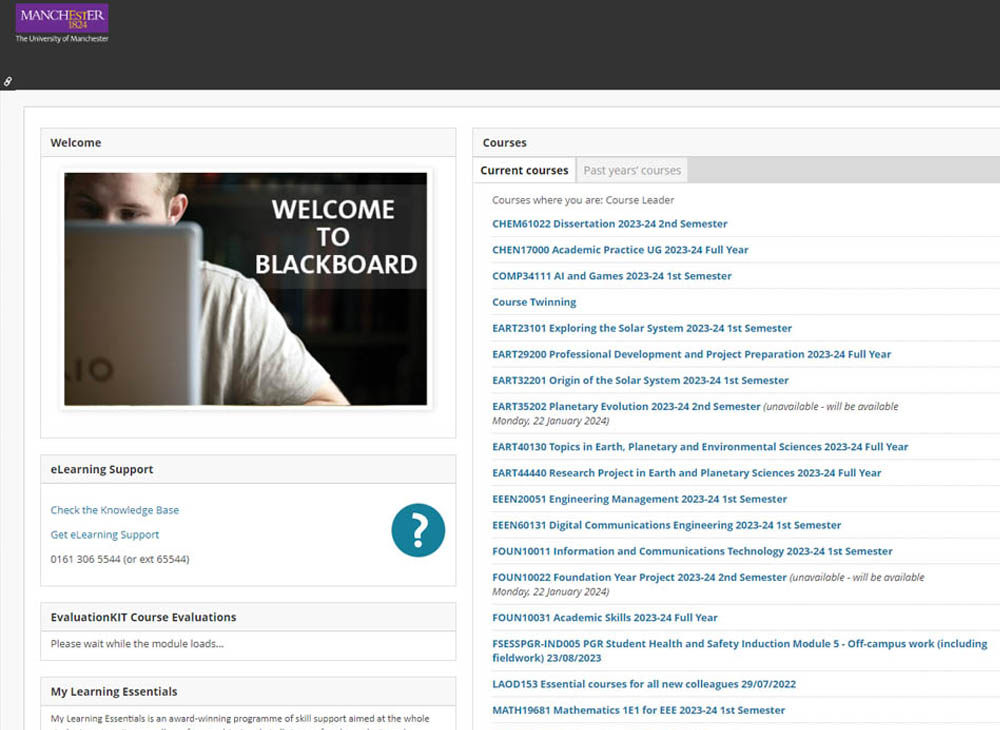 Image of the Blackboard Learn Original homepage