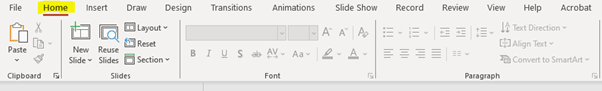 Powerpoint 365 'Home' tab.