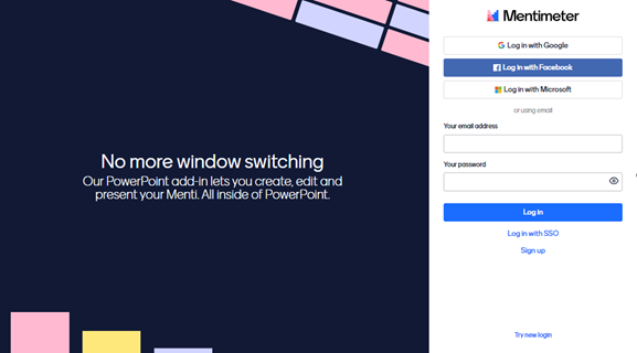 Powerpoint 365 Mentimeter login options.