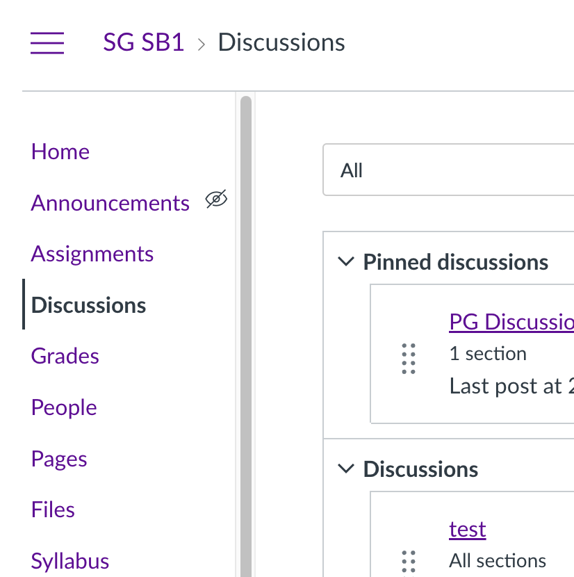 Image showing the Discussions area in Canvas. 