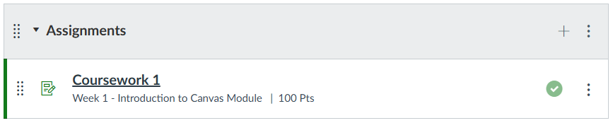 Screenshot of the Assignment area in Canvas showing an assessment called 'Coursework 1'. It also shows that it is deployed within the 'Week 1' Module.