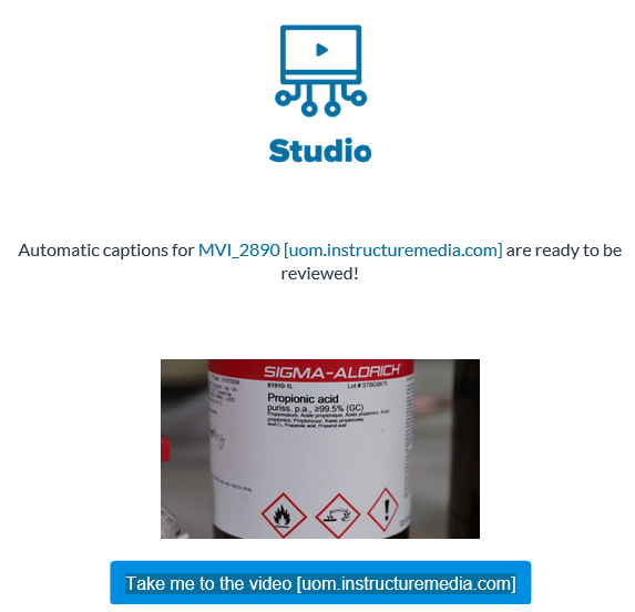A notification saying automatic captions for the video are ready to be reviewed.