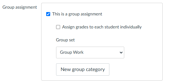 Screenshot of the Group Assignment settings within the assignment setup. There's an option to tick 'this is a group assignment'.