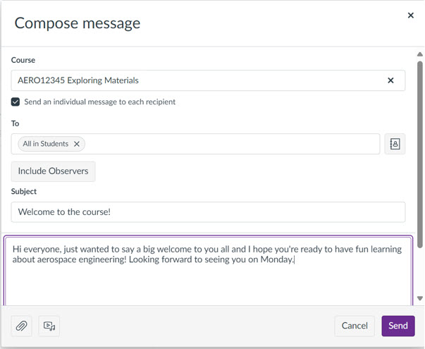Example of composing a message using the Inbox tool, showing the course, all students as recipients, subject title and message.