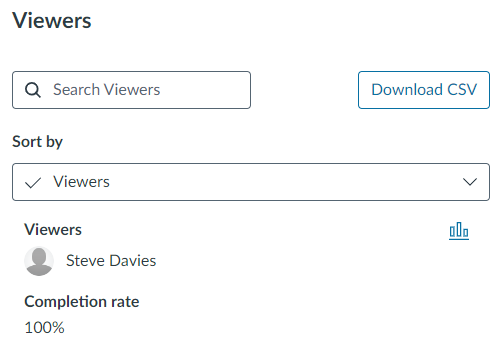 A preview of Studio Insights showing a student who has viewed 100% of the video.