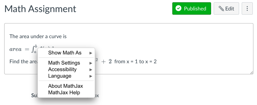 MathJax context menu showing equation interaction functions.