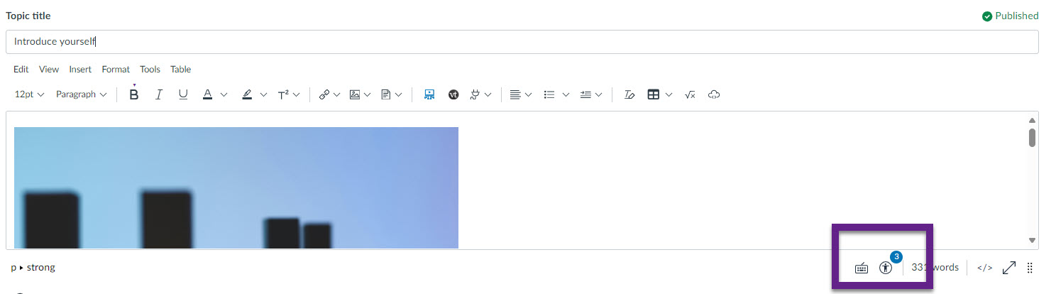 Rich Content Editor accessibility checker icon showing 3 points to check.