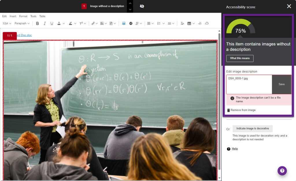 Accessibility report flagging image needs description.