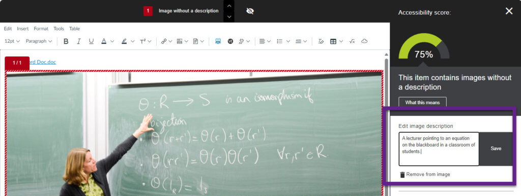 Accessibility report highlighting image description input complete.