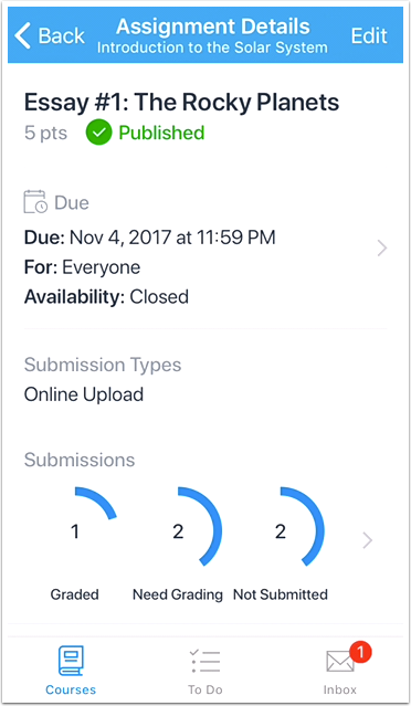 Canvas on mobile showing view of checking assignment details.