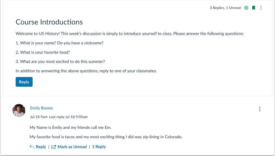Focused discussion example of course introductions as the topic with a reply.