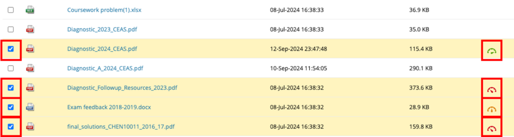 Screenshot of the Blackboard course files area, with the Ally accessibility scores and selection box highlighted