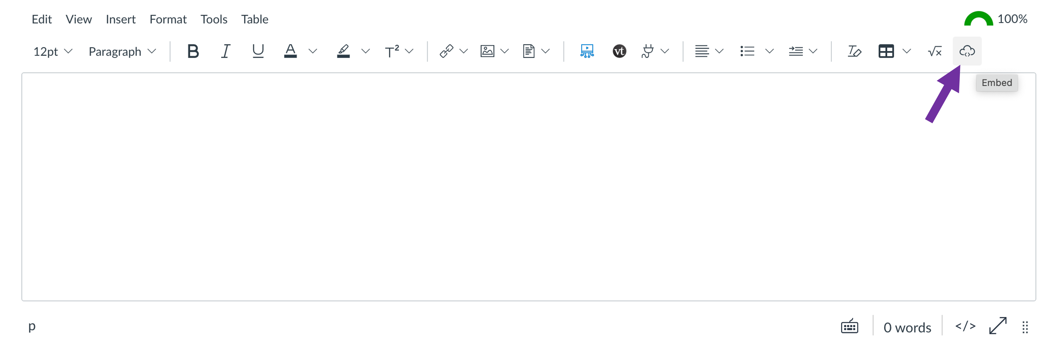 Screenshot of the Canvas rich content editor with a purple arrow pointing to the embed button